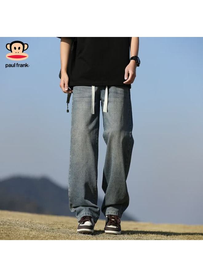 Paul Frank Men's American Style Fleece-lined Denim Jeans Autumn Winter New Loose Straight-leg Trendy Pants Black Gray XL - Image 2