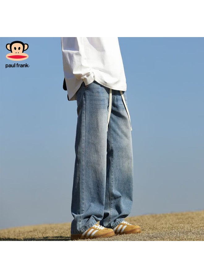 Paul Frank Men's American Style Fleece-lined Denim Jeans Autumn Winter New Loose Straight-leg Trendy Pants Black Gray XL - Image 1