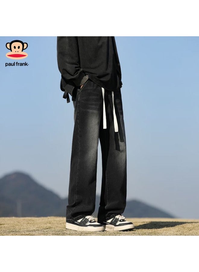 Paul Frank Men's American Style Fleece-lined Denim Jeans Autumn Winter New Loose Straight-leg Trendy Pants Black Gray XL - Image 3