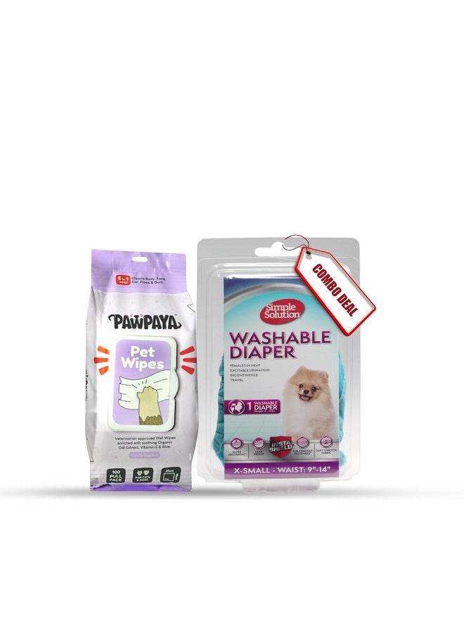 Simple Solution Female Washable Dog Diapers, Super Absorbent, Leak Proof, Soft & Comfortable (Xs) And Pawpaya 5 In 1 Multipurpose 100 Pull Pack Plant-Based Pet Cleaning Wipes  - Image 1
