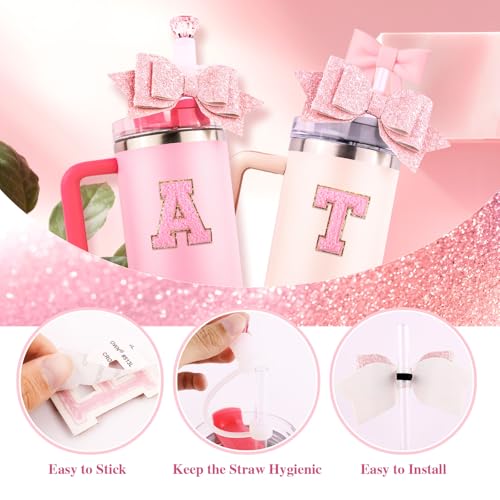Lingdeer Pink Cup Accessories Set for Stanley 30OZ & 40OZ Tumbler with Handle, Letter Charms, Bow & Diamond Straw Covers, Glitter Silicone Boot, Personalized Sticker for Stanley Cup Accessories (M) - Image 4