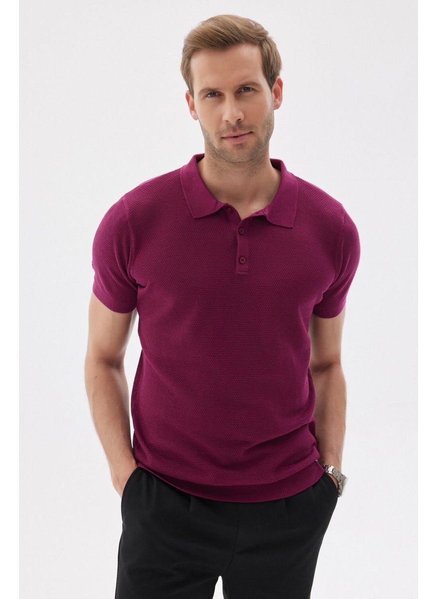 Odelon - Men's Polo Neck Jacquard Knitwear T-Shirt Fuchsia - Image 1