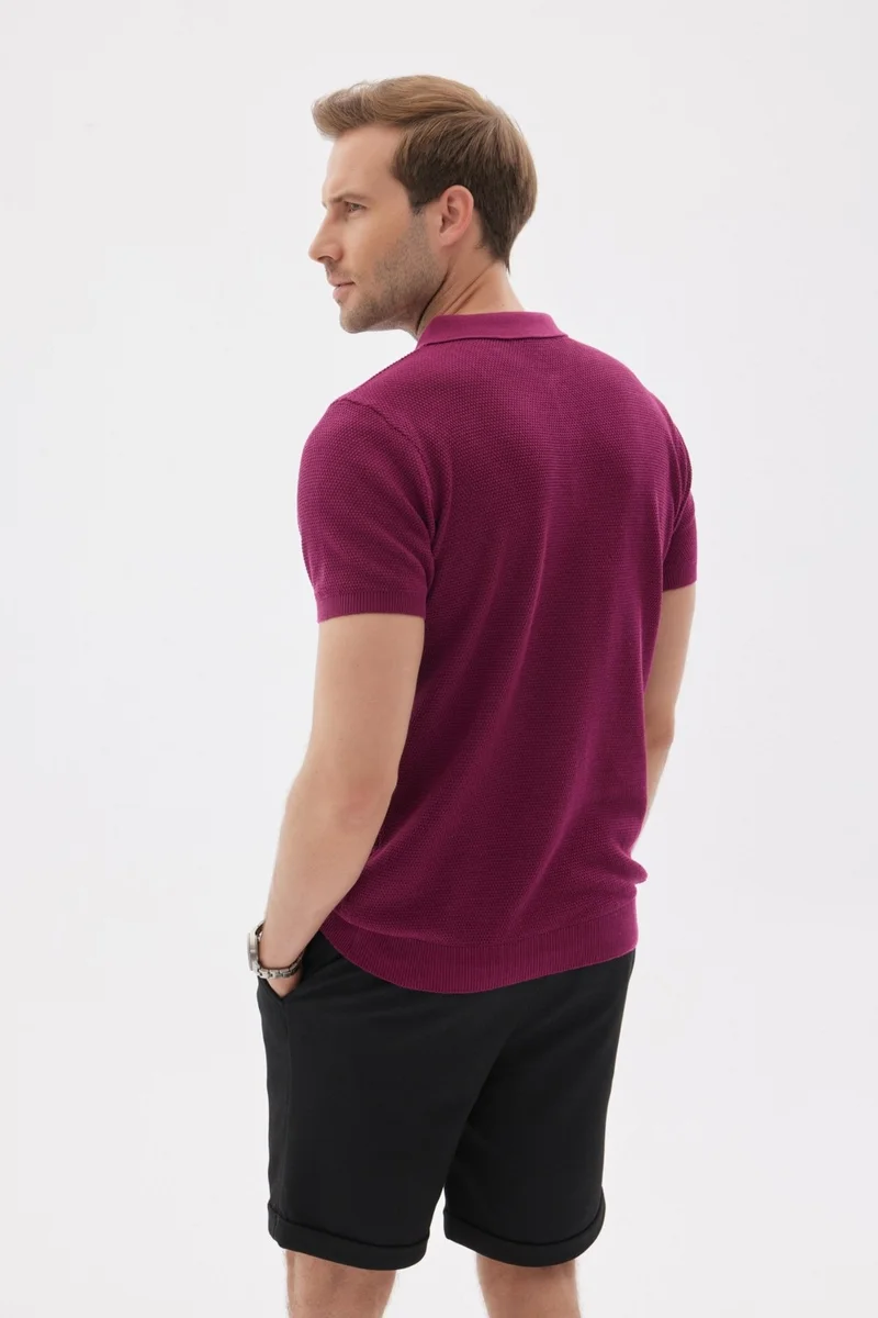 Odelon Men's Polo Neck Jacquard Knitwear T-Shirt Fuchsia