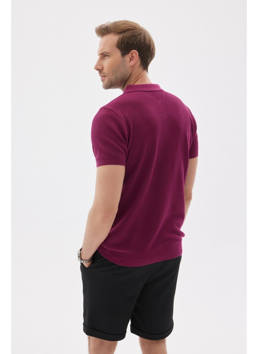 Odelon - Men's Polo Neck Jacquard Knitwear T-Shirt Fuchsia - Image 1