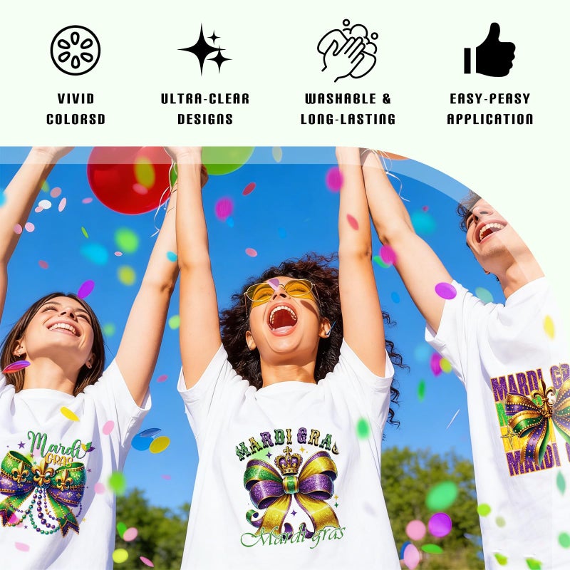 INCOK Mardi Gras DTF Transfers Ready to Press - 20 PCS Iron on Transfers for T-Shirts, Bow Heat Decals Stickers for Clothing Bagpack Hat DIY Mardi Gras Outfit for Women - Image 3