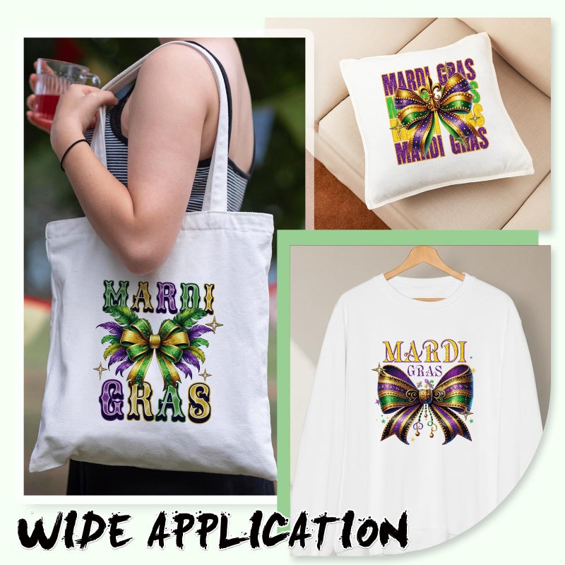 INCOK Mardi Gras DTF Transfers Ready to Press - 20 PCS Iron on Transfers for T-Shirts, Bow Heat Decals Stickers for Clothing Bagpack Hat DIY Mardi Gras Outfit for Women - Image 5