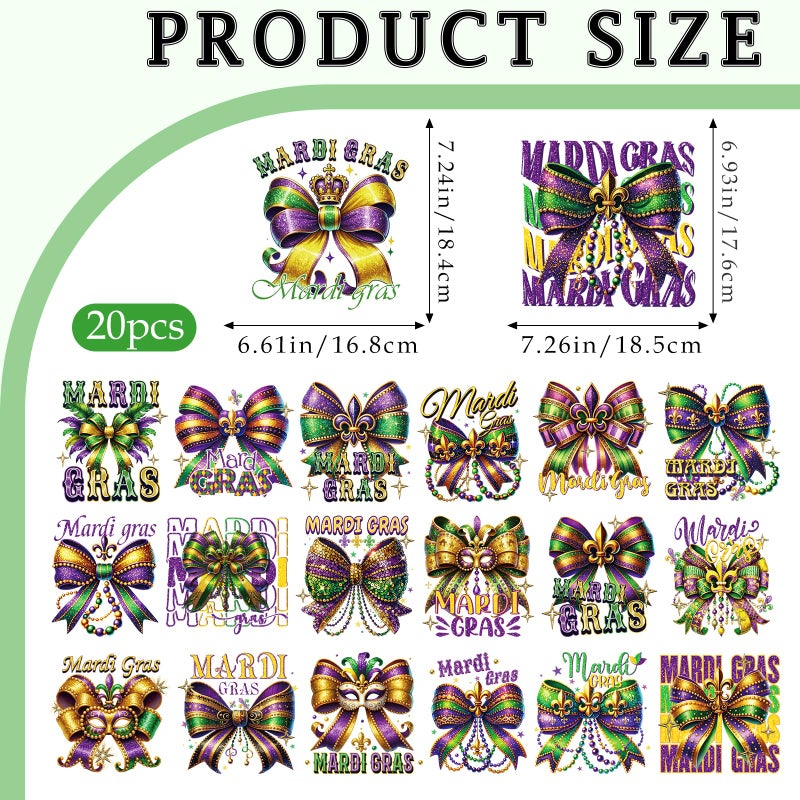 INCOK Mardi Gras DTF Transfers Ready to Press - 20 PCS Iron on Transfers for T-Shirts, Bow Heat Decals Stickers for Clothing Bagpack Hat DIY Mardi Gras Outfit for Women - Image 4