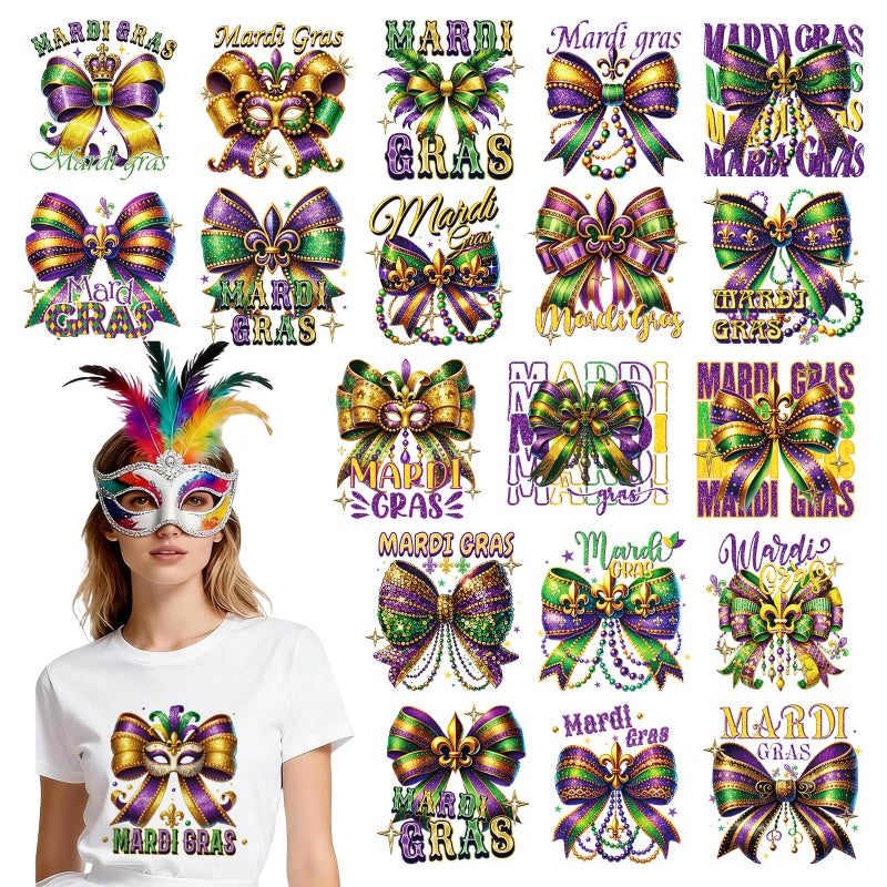 INCOK Mardi Gras DTF Transfers Ready to Press - 20 PCS Iron on Transfers for T-Shirts, Bow Heat Decals Stickers for Clothing Bagpack Hat DIY Mardi Gras Outfit for Women - Image 1