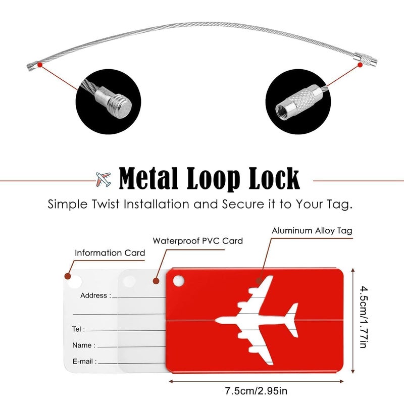 LUPINEZ 6 Pcs Luggage Tags, Aluminium Alloy Suitcase Tags, Luggage Labels for Suitcases with Steel Loop, 6 Pack Travel Tags for Baggage Identity ID Labels, Name Tags for Luggage, Pack of 6 (Red) - Image 2