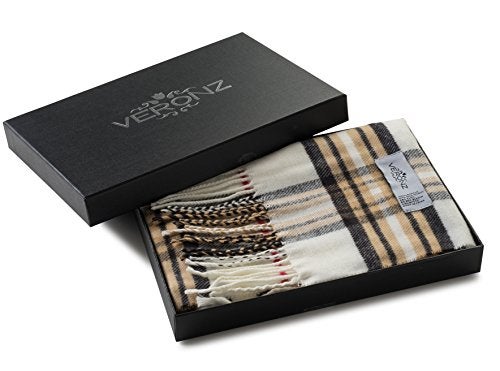 VERONZ Super Soft Luxurious Classic Cashmere Feel Winter Scarf (Ivory Plaid) - Image 2