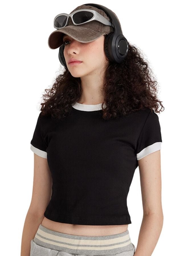 Mei Stylish Womens Crew Neck Short Sleeve Plain Cropped Top T-shirt - Image 2