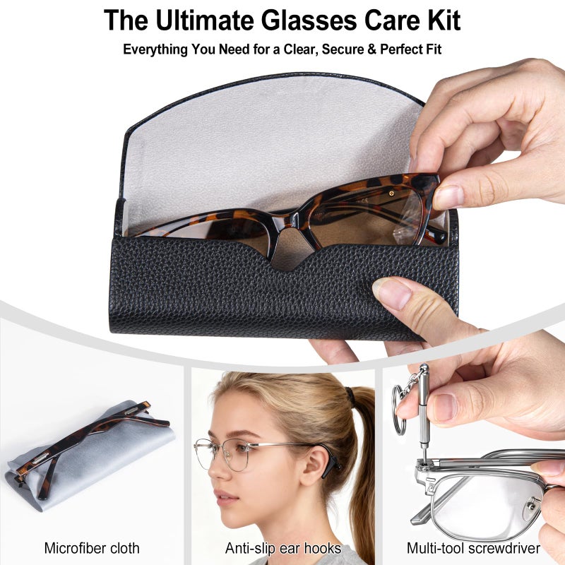 RayLove Ultimate Glasses Case Kit, Hard Shell Sunglasses and Eyeglass Case with Cleaning Cloth, Screwdriver, Ear Hooks (Black) - Image 3