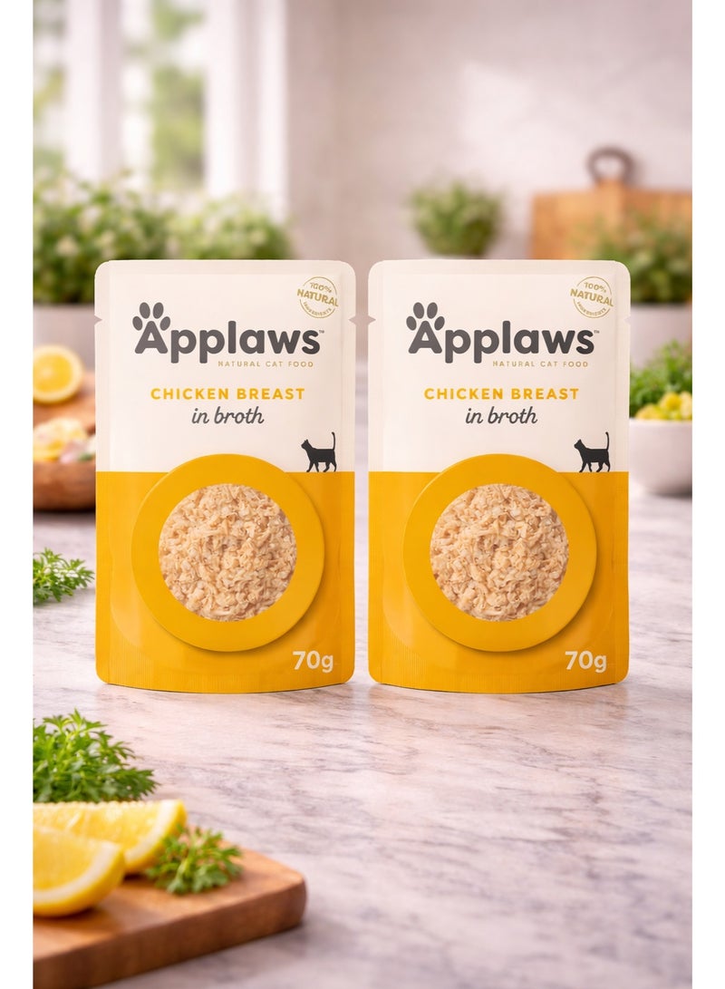 Chicken Breast in Broth Wet Cat Food – 100% Natural High Protein Grain-Free Recipe – Premium Real Chicken Fillet – Soft & Hydrating Complete Meal for Adult Cats – Twin Pack 2×70g