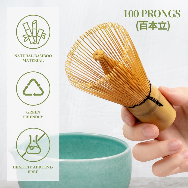 YIBO Matcha Whisk Set, Matcha Kit Bamboo Whisk and Ceramic Bowl with Spout & Measuring Spoon & Cup, Japanese Ceremony Matcha Tea Making Tools Blue - Image 2