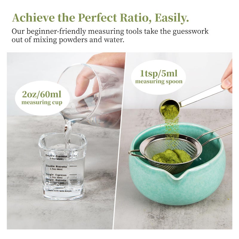 YIBO Matcha Whisk Set, Matcha Kit Bamboo Whisk and Ceramic Bowl with Spout & Measuring Spoon & Cup, Japanese Ceremony Matcha Tea Making Tools Blue - Image 3