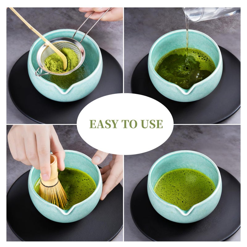 YIBO Matcha Whisk Set, Matcha Kit Bamboo Whisk and Ceramic Bowl with Spout & Measuring Spoon & Cup, Japanese Ceremony Matcha Tea Making Tools Blue - Image 4