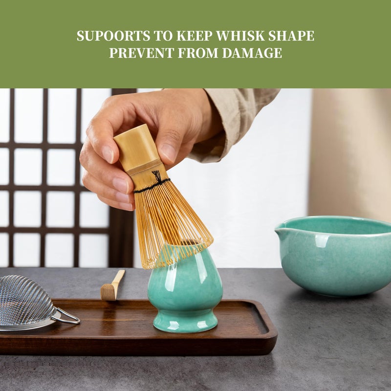 YIBO Matcha Whisk Set, Matcha Kit Bamboo Whisk and Ceramic Bowl with Spout & Measuring Spoon & Cup, Japanese Ceremony Matcha Tea Making Tools Blue - Image 5