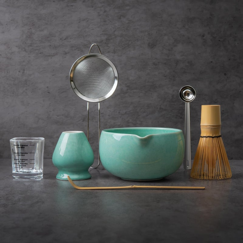 YIBO Matcha Whisk Set, Matcha Kit Bamboo Whisk and Ceramic Bowl with Spout & Measuring Spoon & Cup, Japanese Ceremony Matcha Tea Making Tools Blue - Image 1