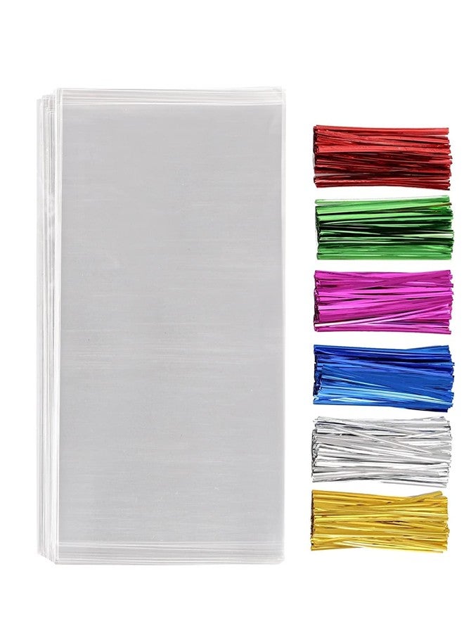 MoloTAR 200 Pcs 7 in x 5 in(1.4mil.) Clear Flat Cello Cellophane Treat Bags Good for Bakery, Cookies, Candies,Dessert with five random color Twist Ties! - Image 1
