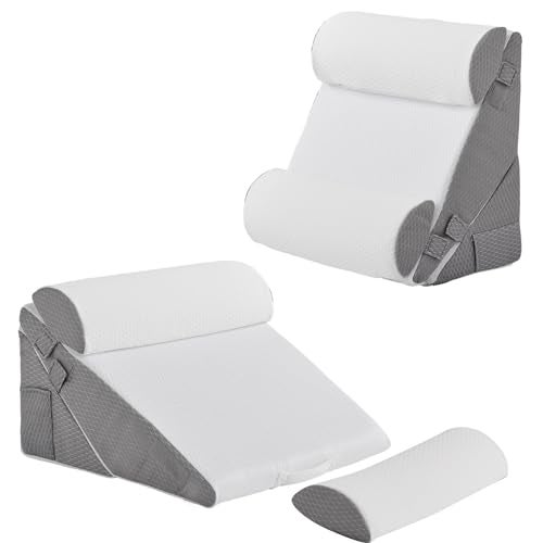Bedluxe Adjustable 4pcs Bed Wedge Pillow Set, Memory Foam Wedge Pillows Post Surgery for Back, Neck, Leg Pain Relief, Pillow Wedge for Sleeping, Sitting up in Bed, Acid Reflux and GERD, White/Grey - Image 1