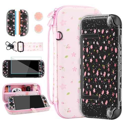 RHOTALL Pink Cherry Blossom Carrying Case for Nintendo Switch 2,Cute Sakura Protective Travel Case,Clear Glitter Flower Dockable Shell Cover for Switch 2,Screen Protector,Shoulder Strap,2 Thumb Caps - Image 1