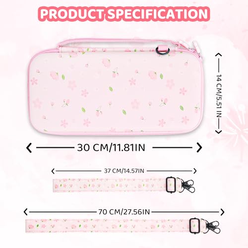 RHOTALL Pink Cherry Blossom Carrying Case for Nintendo Switch 2,Cute Sakura Protective Travel Case,Clear Glitter Flower Dockable Shell Cover for Switch 2,Screen Protector,Shoulder Strap,2 Thumb Caps - Image 2