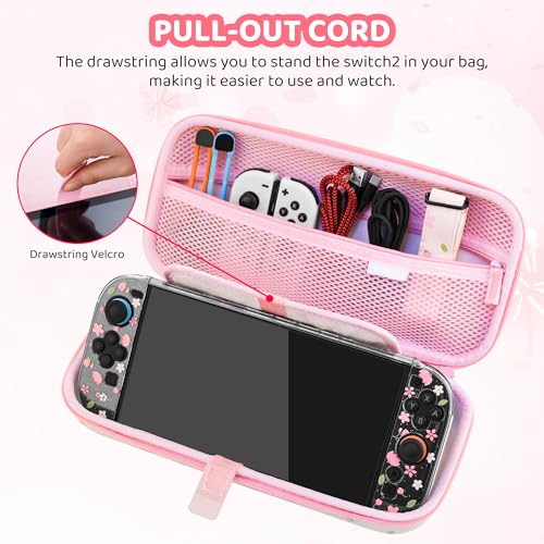 RHOTALL Pink Cherry Blossom Carrying Case for Nintendo Switch 2,Cute Sakura Protective Travel Case,Clear Glitter Flower Dockable Shell Cover for Switch 2,Screen Protector,Shoulder Strap,2 Thumb Caps - Image 4