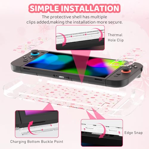 RHOTALL Pink Cherry Blossom Carrying Case for Nintendo Switch 2,Cute Sakura Protective Travel Case,Clear Glitter Flower Dockable Shell Cover for Switch 2,Screen Protector,Shoulder Strap,2 Thumb Caps - Image 5