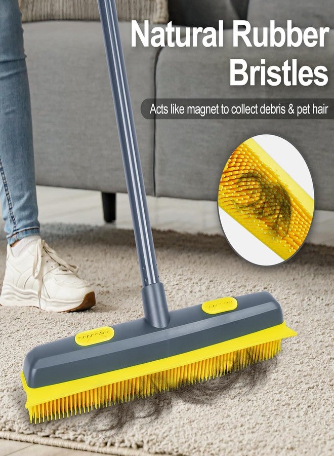 NEWE Rubber Pet Hair Removal Broom with Lint Fur Remover Tool, 57.5 inches Long Handle Silicone Carpet Brush Rake with Built-in Squeegee for Cleaning Rug, Tile, Floor (Gray Yellow) - Image 2