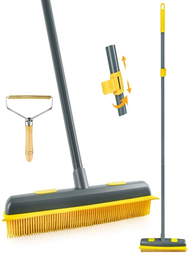 NEWE Rubber Pet Hair Removal Broom with Lint Fur Remover Tool, 57.5 inches Long Handle Silicone Carpet Brush Rake with Built-in Squeegee for Cleaning Rug, Tile, Floor (Gray Yellow) - Image 1