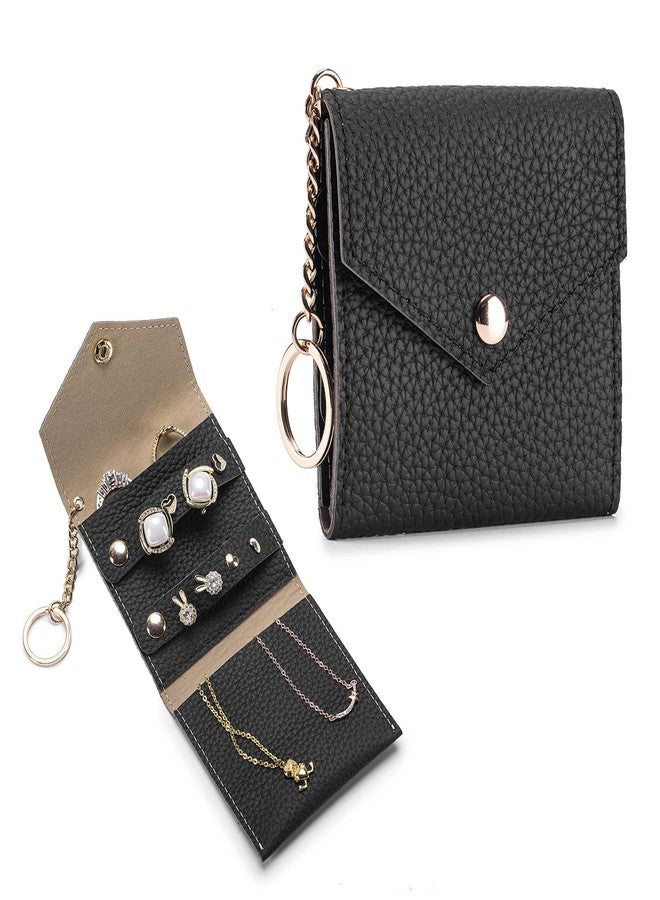 Karmiir Small Travel Jewelry Organizer Case for Women, Genuine Leather Mini Jewelry Roll with Keychain, Portable Earring Ring Necklace Storage Pouch for Short Trips & Daily Use (Black) - Image 1