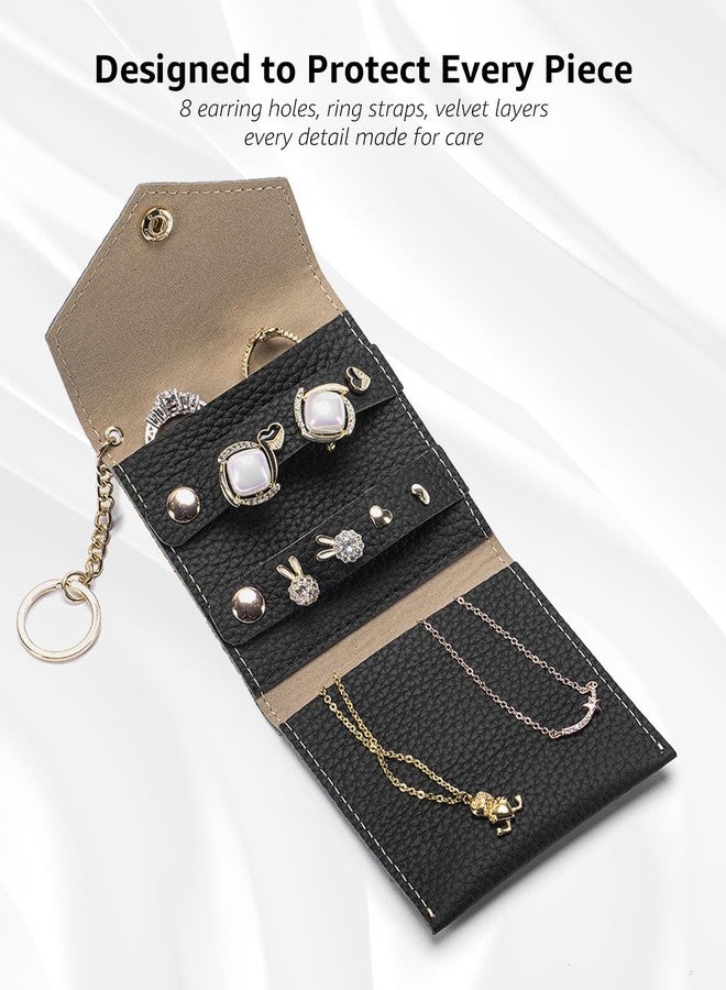 Karmiir Small Travel Jewelry Organizer Case for Women, Genuine Leather Mini Jewelry Roll with Keychain, Portable Earring Ring Necklace Storage Pouch for Short Trips & Daily Use (Black) - Image 2