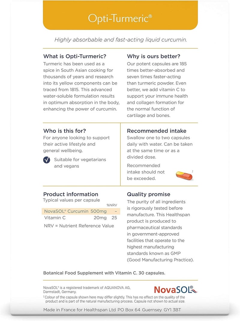 Healthspan OptiTurmeric High Strength 500mg Liquid Curcumin Supports Cartilage Formation Immune Health 185 Times Better Absorbed 7 Times Faster Acting Than Standard Turmeric 60 Capsules - Image 3