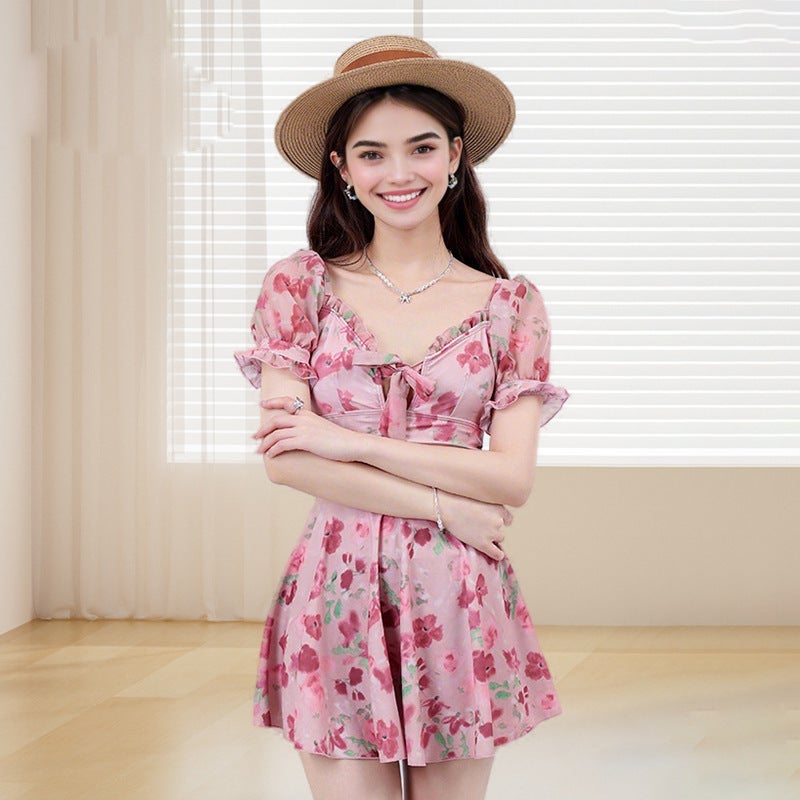 Conjoined Swimsuit Womens Chubby Skirt Belly Covering Slimming plus size chubby girl Summer Pure Desire Conservative Floral Super Immortal Pure Desire RY-pink
