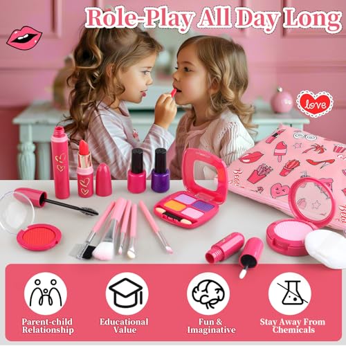 Woumserta Toddler Girls Toys Pretend Makeup Kits - Fake Makeup Set Toys for Kids 3 4 5 6 Year Old, Play Makeup Gift for Little Girls 3-5, Toddler Makeup Kit with Fake Makeup Toy Birthday Gift (Red) - Image 5