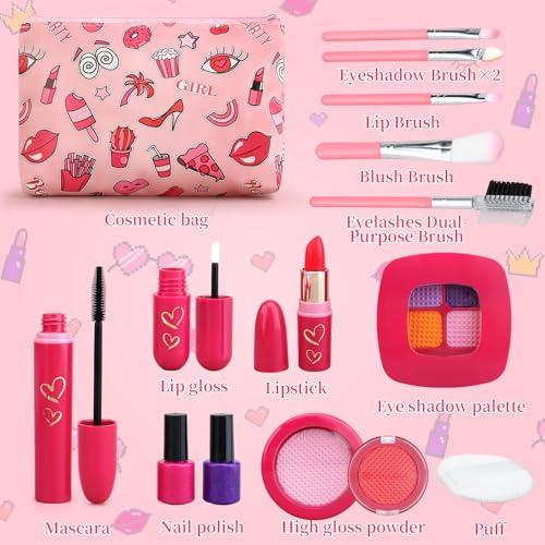 Woumserta Toddler Girls Toys Pretend Makeup Kits - Fake Makeup Set Toys for Kids 3 4 5 6 Year Old, Play Makeup Gift for Little Girls 3-5, Toddler Makeup Kit with Fake Makeup Toy Birthday Gift (Red) - Image 2
