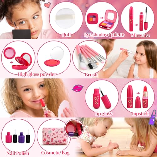 Woumserta Toddler Girls Toys Pretend Makeup Kits - Fake Makeup Set Toys for Kids 3 4 5 6 Year Old, Play Makeup Gift for Little Girls 3-5, Toddler Makeup Kit with Fake Makeup Toy Birthday Gift (Red) - Image 3