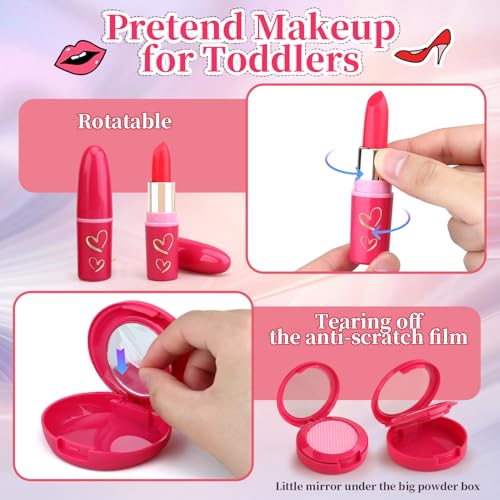 Woumserta Toddler Girls Toys Pretend Makeup Kits - Fake Makeup Set Toys for Kids 3 4 5 6 Year Old, Play Makeup Gift for Little Girls 3-5, Toddler Makeup Kit with Fake Makeup Toy Birthday Gift (Red) - Image 4