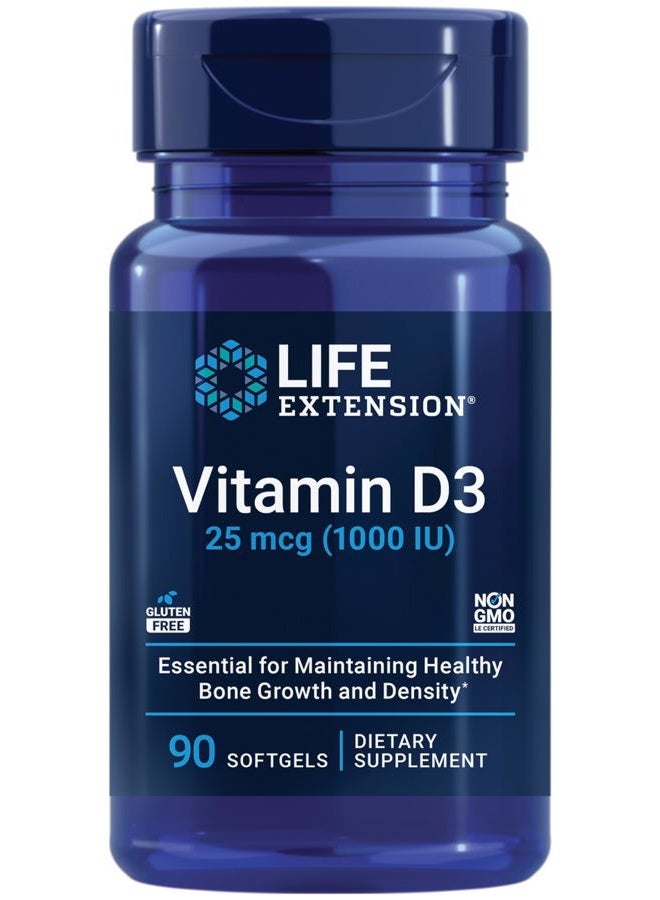Life Extension Vitamin D3 25 mcg (1000 IU), Immune System Support, Bone Health, Whole-Body Health, Value Size, Gluten-Free, Non-GMO, 90 softgels  - Image 1