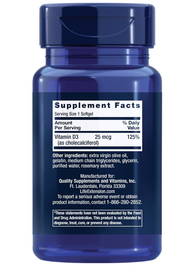 Life Extension Vitamin D3 25 mcg (1000 IU), Immune System Support, Bone Health, Whole-Body Health, Value Size, Gluten-Free, Non-GMO, 90 softgels  - Image 2