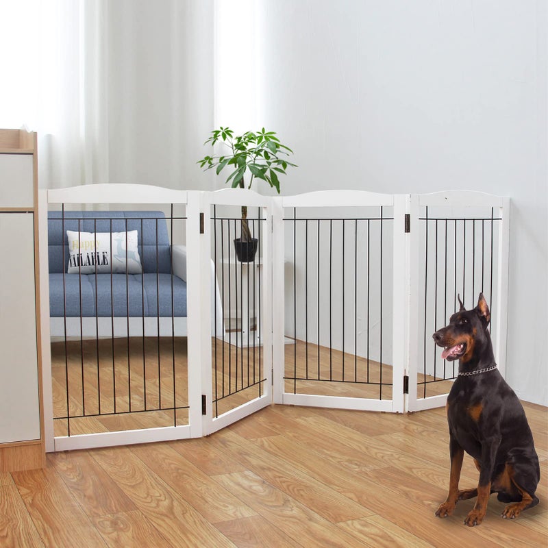 ZJSF Freestanding Foldable Dog Gate  Extra Wide White Puppy Gate for Stairs  Doorways  Tall 4 Panels Wooden Pet Fence