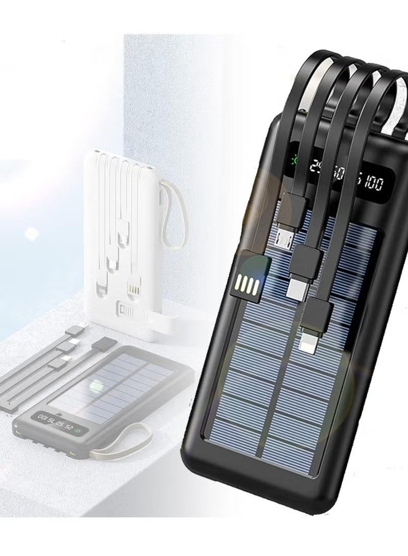 Ultra-Thin 10,000mAh Solar Power Bank – Lightweight Portable Charger with Built-in Charging Cables, Fast Charging Support, Foldable Stand & USB Output – Compact Solar Power Supply for iPhone, Samsung, Huawei, Android & USB-C Devices – Black