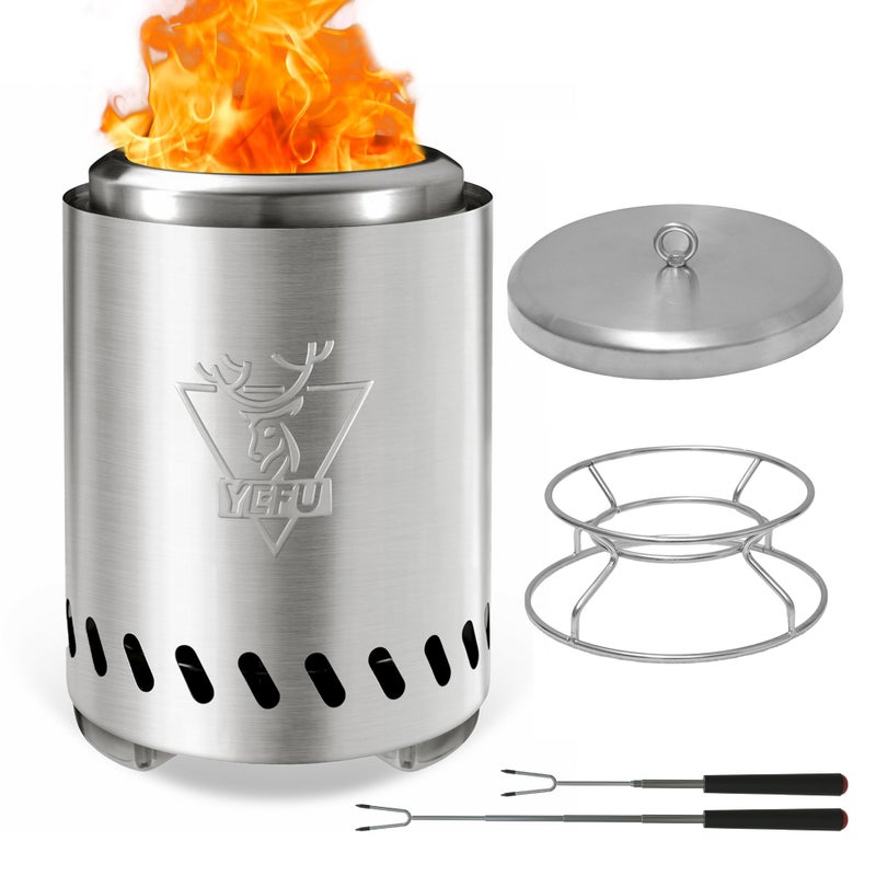 YEFU Tabletop Fire Pit 7.5 x 5.5 in, Low Smoke Camping Stove for Outdoor & Patio, Fueled by Pellets or Wood, Safe Burning Table Top Firepit, with Travel Bag & 2 Mini Sticks & Fireproof Mat, Silver - Image 1