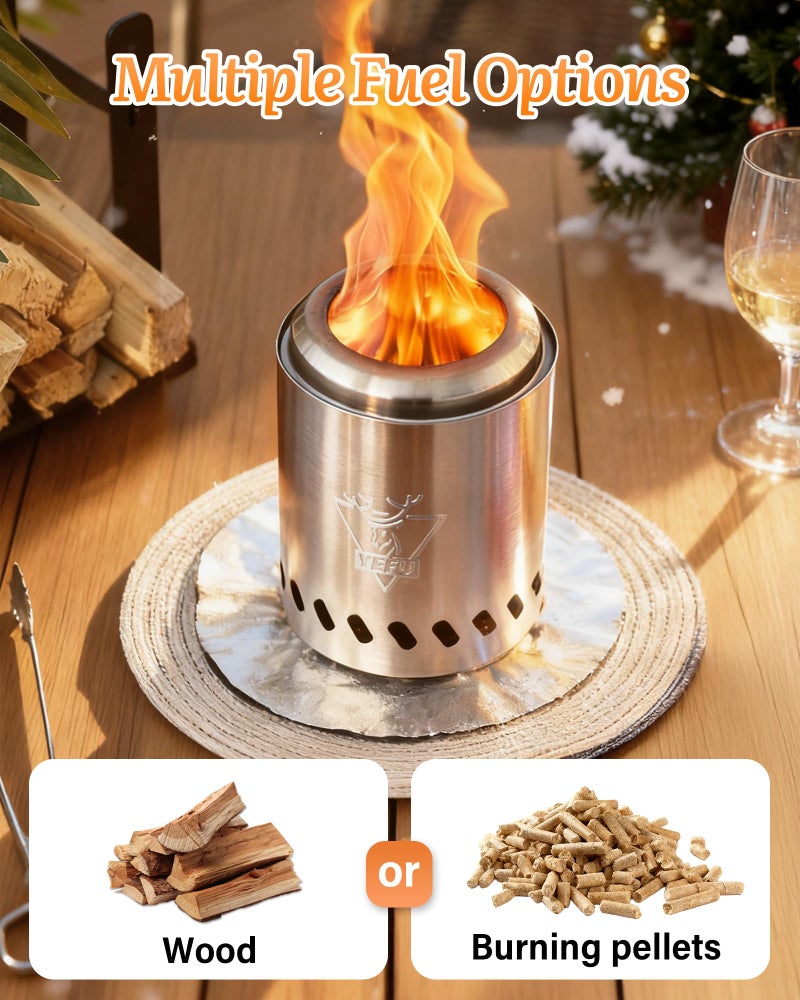 YEFU Tabletop Fire Pit 7.5 x 5.5 in, Low Smoke Camping Stove for Outdoor & Patio, Fueled by Pellets or Wood, Safe Burning Table Top Firepit, with Travel Bag & 2 Mini Sticks & Fireproof Mat, Silver - Image 5