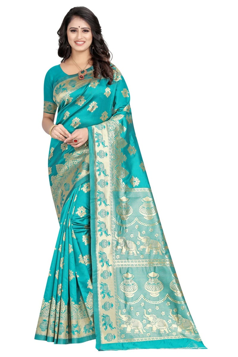 C J Enterprise Women's Pure Kanjivaram Silk Saree Soft Design With Blouse Piece For Wedding (Pari9016-54) (Firozi) - Image 1