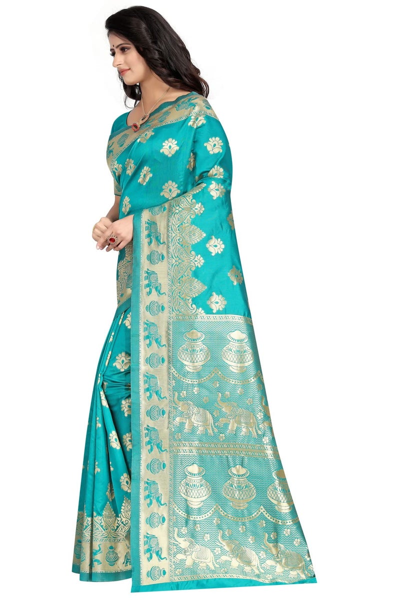 C J Enterprise Women's Pure Kanjivaram Silk Saree Soft Design With Blouse Piece For Wedding (Pari9016-54) (Firozi) - Image 3