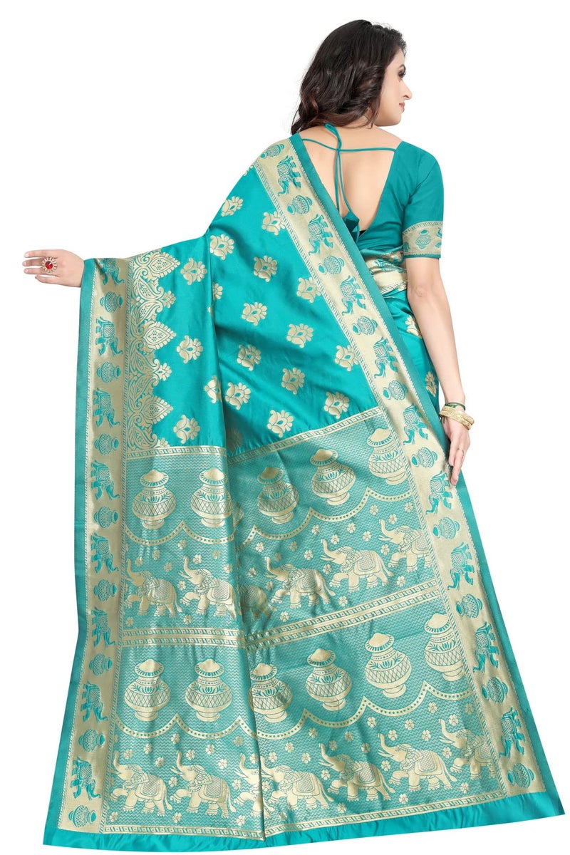 C J Enterprise Women's Pure Kanjivaram Silk Saree Soft Design With Blouse Piece For Wedding (Pari9016-54) (Firozi) - Image 2