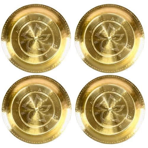 HOKOYA Handmade Brass Thali/Plate - Traditional Indian Kitchenware - Durable & Aesthetic - Perfect for Serving - Great Gift Option for Kitchen Enthusiast | Kitchen Accessories (4) - Image 1