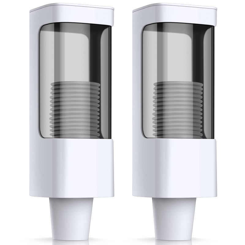 Chengu 2 Pieces Pull Type Cup Dispenser Bathroom Water Cup Holder Fits 35 oz Small Adhesive Wall Mounted Dispenser with Paste Plate for Disposable Paper Home OfficeSingleWhite