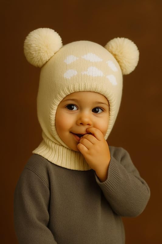 Krystle Kids Winter Knitted Balaclava Hat with Pom Poms | Warm Woolen Ski Mask for Boys & Girls (White,1-4 Years) - Image 2